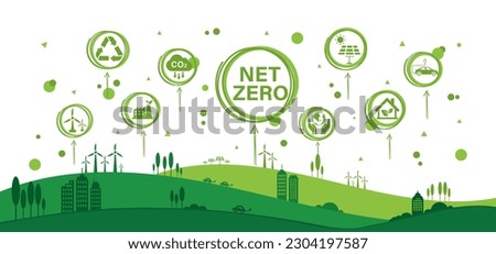 Net zero and carbon neutral concept. Net zero greenhouse gas emissions target. Climate neutral long term strategy with green net zero icon and green icon on green circles doodle background.	
 Royalty-Free Stock Photo #2304197587