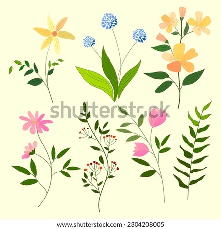 Botanical clip art design. Hand-drawn isolated elements. Colorful, cute illustration.  Perfect for all kinds of personal and professional usage, greeting cards, pattern design, tea towels, stickers.