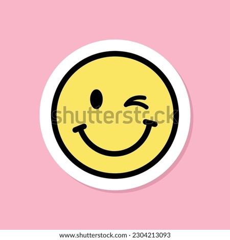 winking face emoji sticker, yellow face with winking eye, black outline, cute sticker on pink background, groovy aesthetic, vector design element Royalty-Free Stock Photo #2304213093