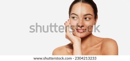 Beautiful woman, girl smiling with half tanned face over white studio background. Woman skin before and after tan lotion, sunscreen spray. Concept of health, vacation, sunscreen and suntan cosmetic