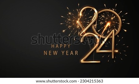 2024 numbers and Abstract golden fireworks on dark background. Golden New Year numbers on dark background. Royalty-Free Stock Photo #2304215363
