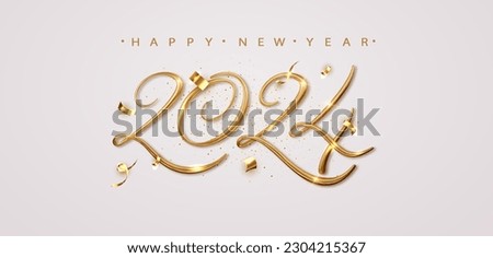 2024 Happy New Year banner with falling confetti on bright background. 2024 Golden 3d realistic number  Royalty-Free Stock Photo #2304215367