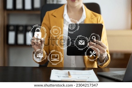 Hand touching Secure Access Service Edge icon on virtual screen background, password, network, framework and support technology in office. SASE secure access service edge concept.