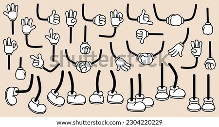Retro cartoon feet in shoe and hands in gloves. Vintage comic legs poses and hands gestures. Different foot movements and positions. Animation mascot body parts. Vector illustration Royalty-Free Stock Photo #2304220229