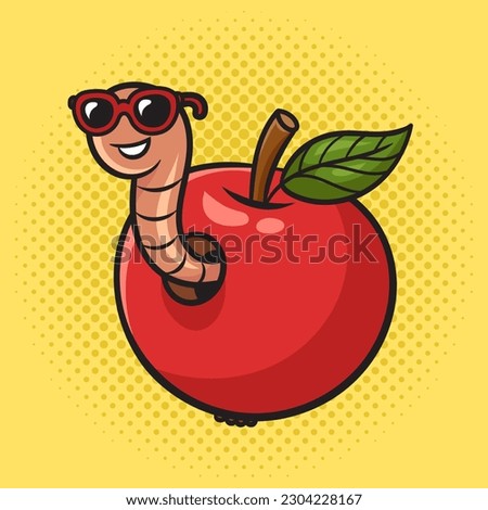cartoon worm peeking out of an apple pinup pop art retro vector illustration. Comic book style imitation.