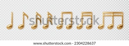 Music notes 3d icons set. Musical gold realistic vector signs isolated on transparent background