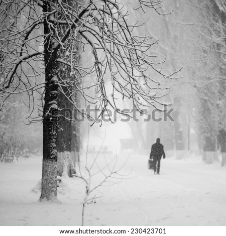 Snowing landscape in the park with people passing by 
