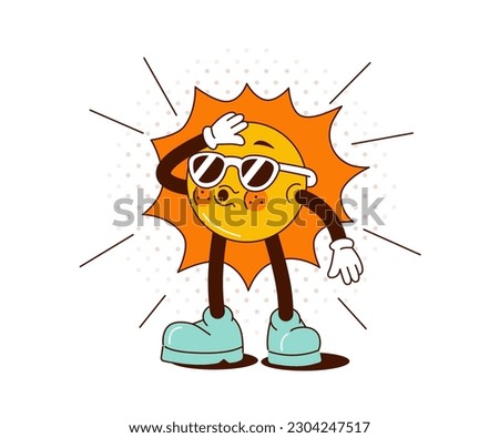 Retro cartoon doodle sticker. Happy sun comic character wearing sunglasses. Trendy groovy vector illustration.