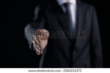 male with hand out for hire, help or corporate growth on dark background