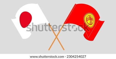 Crossed and waving flags of Japan and Kyrgyzstan. Vector illustration
