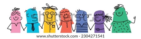 Different people stand together. Stick figure hold hands. Doodle style. Vector illustration. Royalty-Free Stock Photo #2304271541