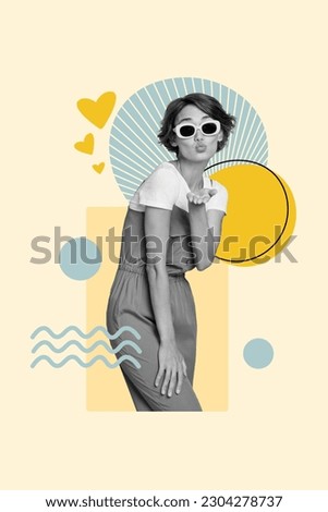 Creative placard collage of young cheeky lady send hand air kiss flirting love story girlfriend summer romance isolated on drawn background
