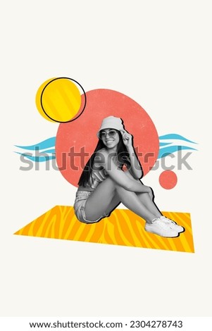 Collage of young charming girl sitting wear panama with eyeglasses resort relax on beach sunny weather isolated over drawn background