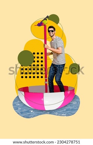 Creative collage of young chilling cool guy swimming ship look like sun protection umbrella adventures boat isolated on yellow background