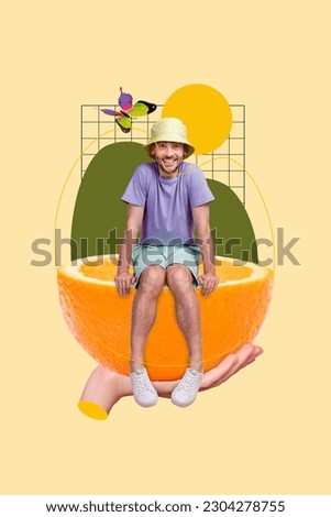 Vertical collage of young optimistic guy explore nature enjoy drinking fresh orange juice sitting fruit half isolated on yellow background