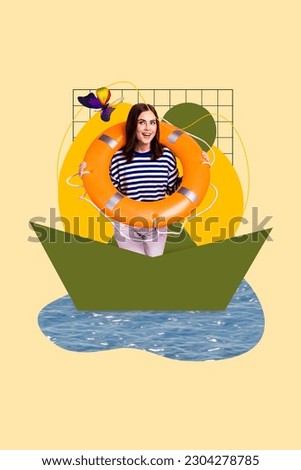 Creative collage design picture of young funky girl wear lifebuoy swimming painted paper ship sea adventures isolated on plaid background