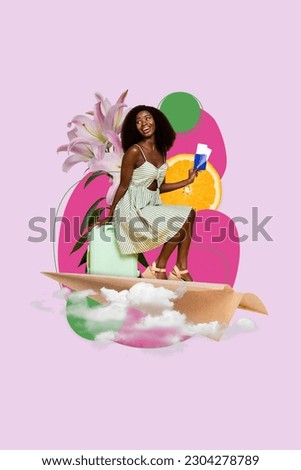 Collage of attractive young lady waiting passenger airport sitting paper plane hold tickets passport wanderlust isolated on pink background