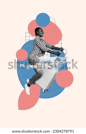 Photo of absurd flying collage girl riding luggage departure arrival worldwide countries traveler wanderlust isolated on beige background
