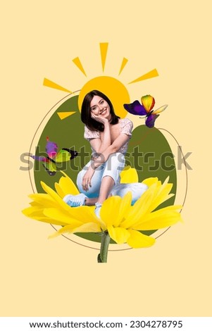 Creative illustration collage of dreamy cute lady sitting yellow daisy flower sunny weather explore garden isolated on drawn background