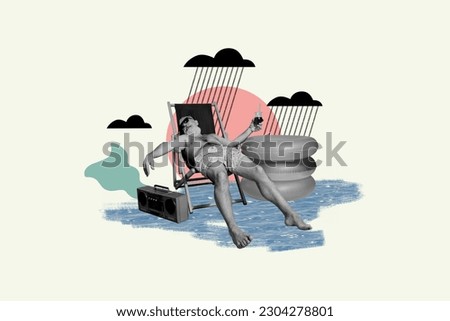 Creative collage picture of funny black white colors grandfather chill lounger hold cocktail glass listen music under rainy clouds weather