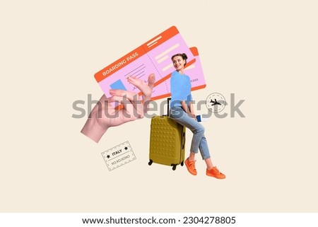 Collage image of big arm hold boarding pass ticket mini girl sit suitcase flight italy isolated on creative background Royalty-Free Stock Photo #2304278805
