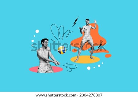 Collage picture of carefree positive black white gamma guy hit play volleyball enjoy weekend isolated on blue background