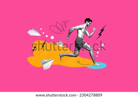 Collage picture of excited black white colors guy running beach flying paper planes isolated on pink background