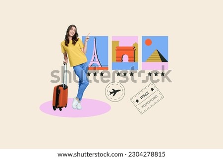 Collage portrait of girl hold suitcase point finger flight destination paris italy egypt pyramid three star econom class isolated on creative background