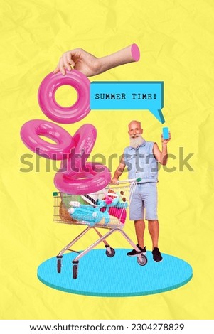 Vertical collage of mini grandfather hold smart phone summer time sale store mall pushcart big arm hold inflatable ring isolated on yellow background