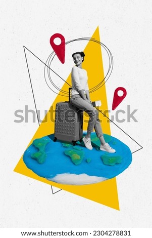 Vertical collage picture of mini black white colors girl sit suitcase hold passport plane tickets plasticine planet earth globe map destination mark