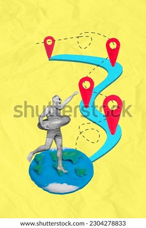 Vertical collage of excited black white gamma grandfather inflatable ring plasticine planet earth globe destination mark yellow paper background