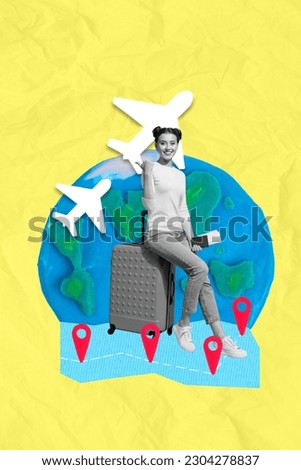 Vertical collage image of mini happy black white gamma girl hold passport plane tickets point finger big planet earth glove destination mark
