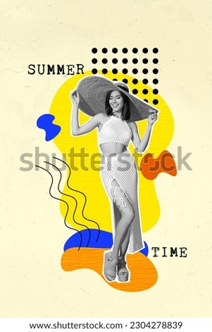 Vertical collage image of black white effect girl hands touch sunhat summer time vibes isolated on painted background