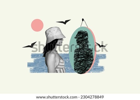 Collage picture of black white effect unsatisfied girl look messy silhouette mirror reflection flying birds ocean water Royalty-Free Stock Photo #2304278849