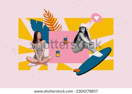 Creative collage picture of two positive carefree girls enjoy summer cocktail glass plant leaves surf board isolated on drawing background