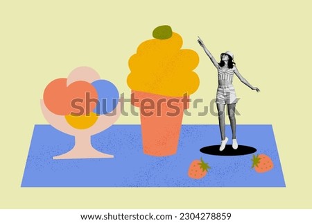 Creative collage of mini black white effect girl point finger huge drawing ice cream strawberry fruit isolated on painted background