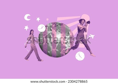 Artwork collage picture of excited mini black white gamma girls jump talk loudspeaker walk big planet earth globe flight route night sky stars moon