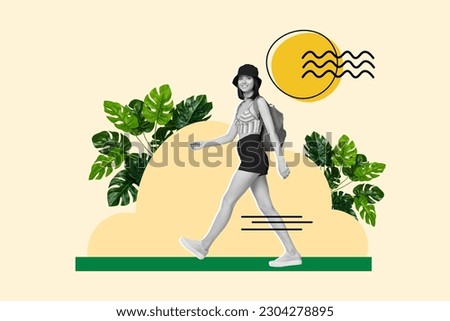 Collage illustration of young satisfied girl walking wearing trekking equipment backpack exploring tropics isolated over sunny weather