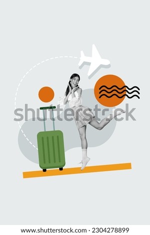 Creative illustration collage artwork of young excited funky girl jump surprised suitbag airplane departure isolated on grey background
