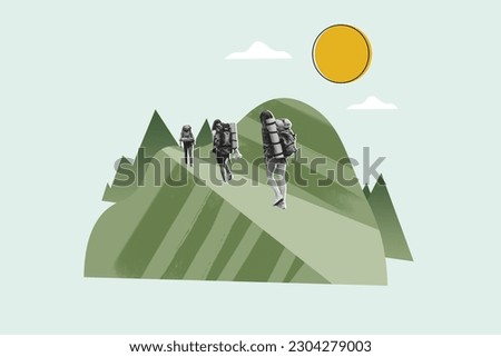 Creative collage rear view expedition group people lost in mountains forest walking route with rucksacks isolated over green background