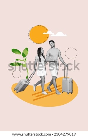 Vertical collage photo of two young lovers honeymoon together walking baggage resort territory sunny weather isolated on beige background