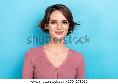 Photo of adorable lady young student university education wear computer reading eyeglasses shirt isolated blue color background
