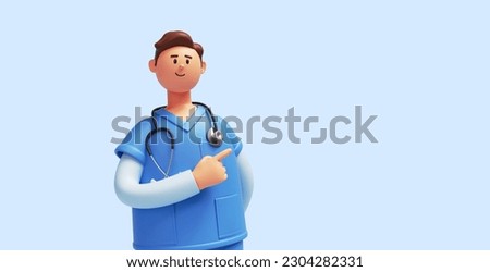 3d render, caucasian young man, nurse cartoon character wears blue shirt, looks at camera, shows right direction with finger. Medical clip art isolated on light background