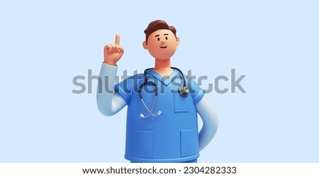 3d render, caucasian young man, nurse cartoon character wears blue shirt, shows forefinger up, looks at camera. Medical isolated clip art. Solution of medical problem. Health care idea concept