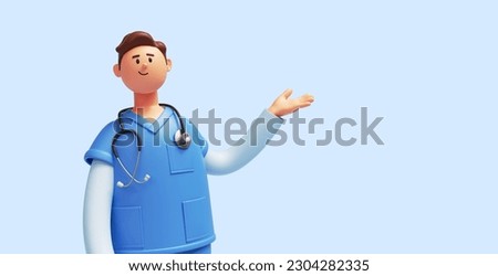 3d render, caucasian young man, nurse cartoon character wears blue shirt, looks at camera. Medical clip art isolated on light background. Health care presentation