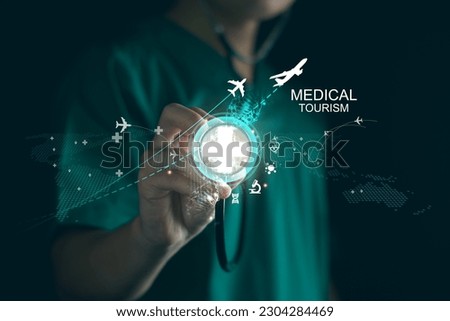 Medical tourism concept, Health tourism and international medical travel insurance. Medical Hub. Healthcare and medicine on global network. health tourism international, life insurance throughout trip Royalty-Free Stock Photo #2304284469