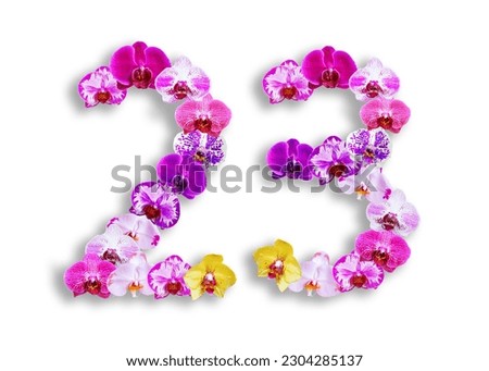 The shape of the number 23 is made of various kinds of orchid flowers. suitable for birthday, anniversary and memorial day templates