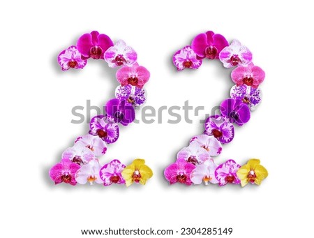 The shape of the number 22 is made of various kinds of orchid flowers. suitable for birthday, anniversary and memorial day templates