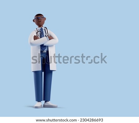 3d render, full body african cartoon character. Confident trustworthy doctor wears glasses and looks at camera. Proud professional male specialist. Medical clip art isolated on blue background