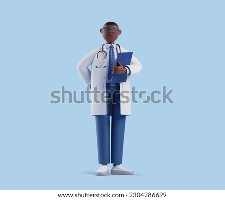 3d render, full body african cartoon character. Black skin doctor wears glasses and holds blue clipboard. Medical clip art isolated on blue background. Health insurance concept